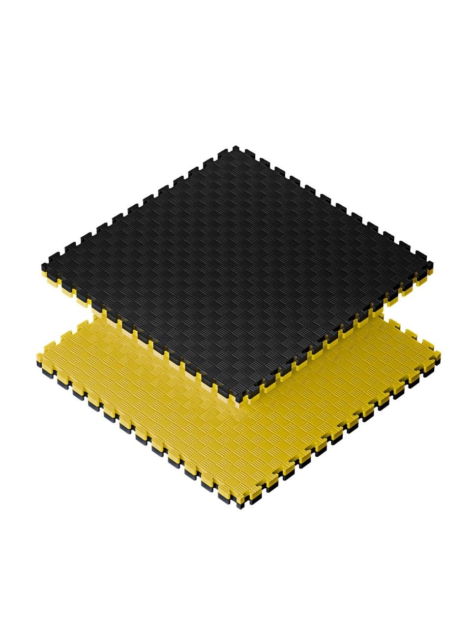 Two interlocking EVA floor tiles in black and yellow, shown stacked
