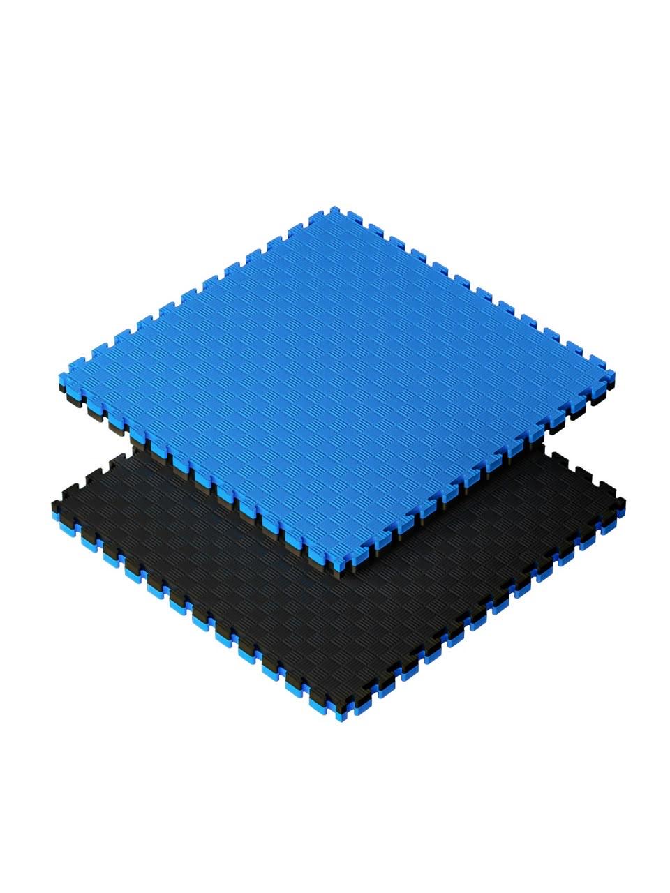 Two interlocking EVA floor tiles in blue and black, shown stacked