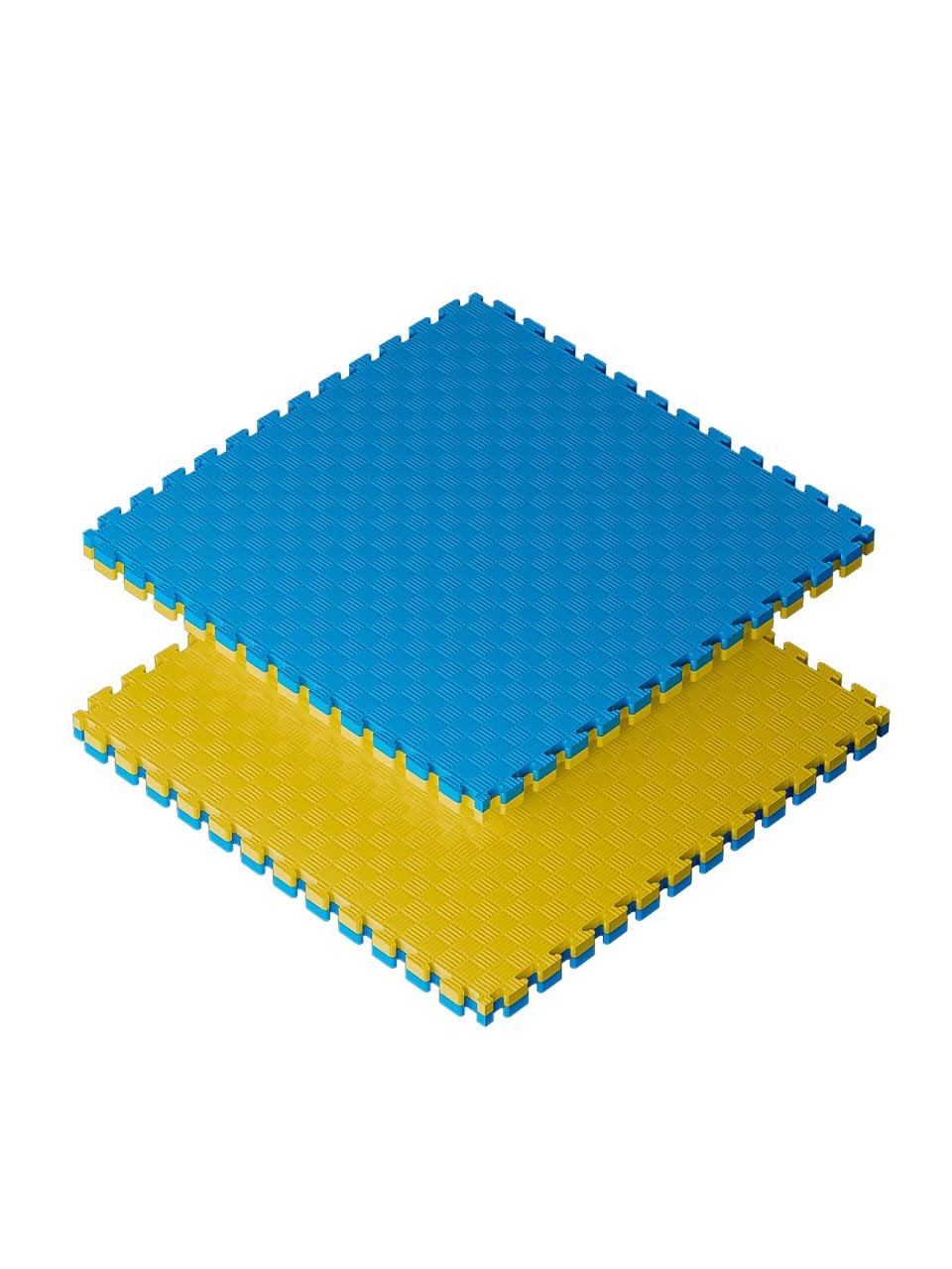 Two interlocking EVA floor tiles in blue and yellow, shown stacked