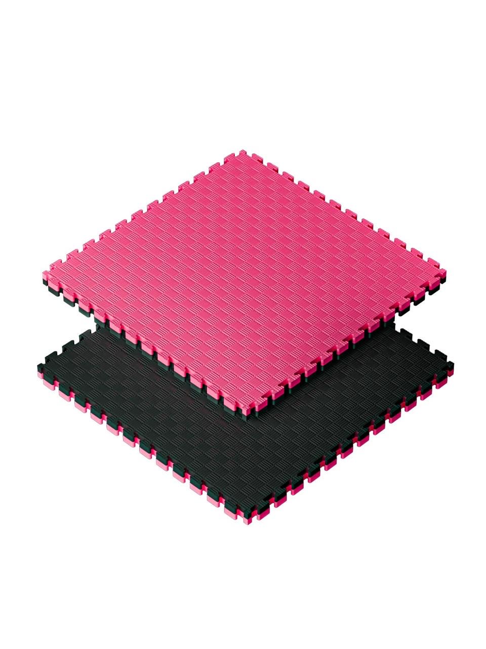 Two interlocking EVA floor tiles in pink and black, shown stacked