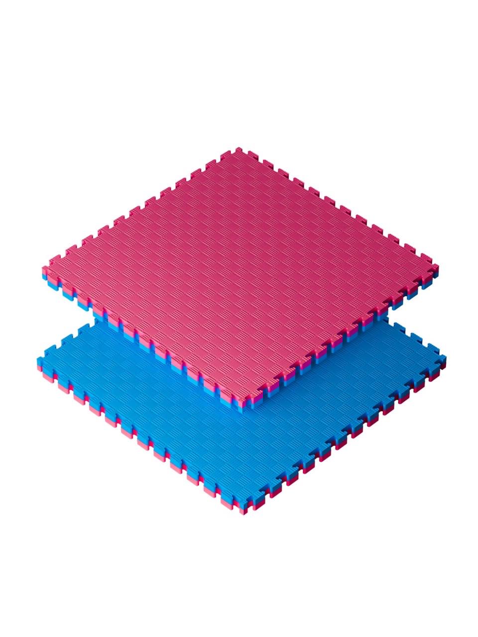 Two interlocking EVA floor tiles in pink and blue, shown stacked