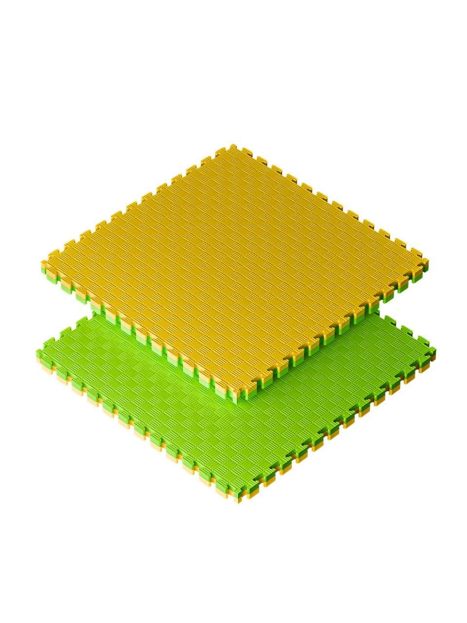 Two interlocking EVA floor tiles in yellow and green, shown stacked